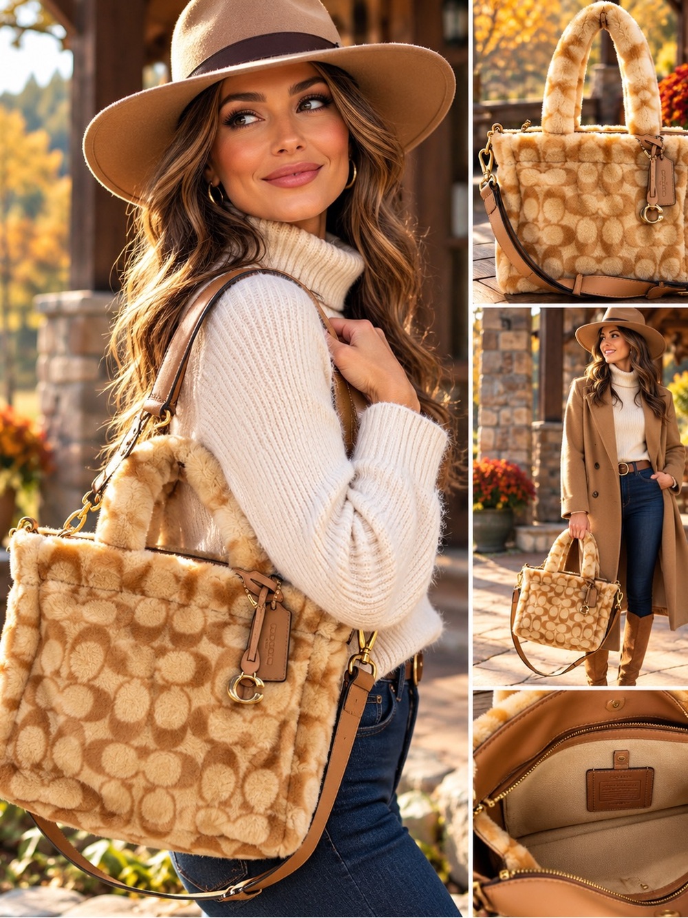 Coach Tote 28 Signature Shearling CC442 Tan Cream Faux Fur Bag Pristine Unused